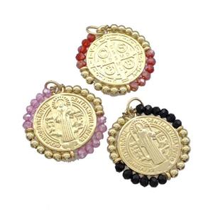 Jesus Charms Copper Circle Pendant With Crystal Glass Wrapped Gold Plated Mixed, approx 24mm [FD15226]