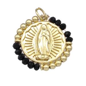 Virgin Mary Charms Copper Circle Pendant With Black Crystal Glass Wrapped Gold Plated, approx 24mm [FD15227]
