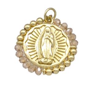 Virgin Mary Charms Copper Circle Pendant With Champagne Crystal Glass Wrapped Gold Plated, approx 24mm [FD15228]