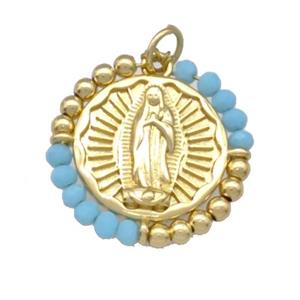 Virgin Mary Charms Copper Circle Pendant With Blue Crystal Glass Wrapped Gold Plated, approx 24mm [FD15229]