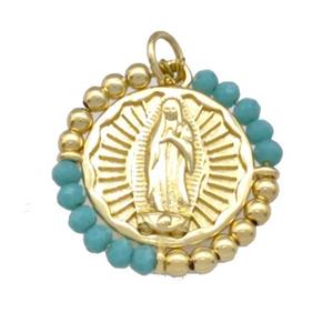 Virgin Mary Charms Copper Circle Pendant With Green Crystal Glass Wrapped Gold Plated, approx 24mm [FD15230]