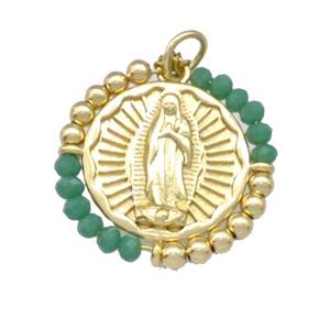 Virgin Mary Charms Copper Circle Pendant With Green Crystal Glass Wrapped Gold Plated, approx 24mm [FD15231]
