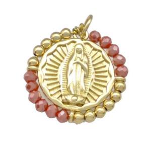 Virgin Mary Charms Copper Circle Pendant With Red Crystal Glass Wrapped Gold Plated, approx 24mm [FD15232]