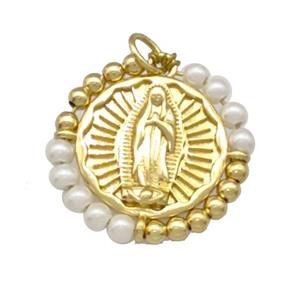 Virgin Mary Charms Copper Circle Pendant With Pearlized Glass Wrapped Gold Plated, approx 24mm [FD15233]