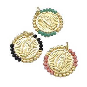 Virgin Mary Charms Copper Circle Pendant With Crystal Glass Wrapped Gold Plated Mixed, approx 24mm [FD15234]