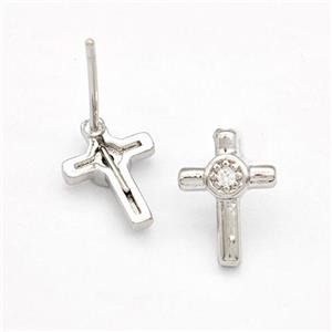 Copper Cross Stud Earrings Pave Zirconia Platinum Plated, approx 7.5-10mm [FD15242]