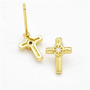 Copper Cross Stud Earrings Pave Zirconia Gold Plated, approx 7.5-10mm [FD15243]