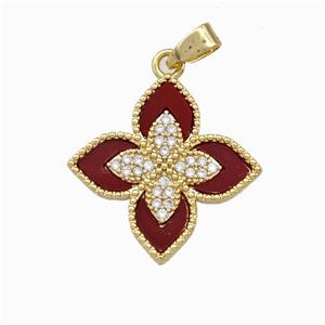 Copper Clover Pendant Pave Zirconia Red Shell Gold Plated, approx 18mm [FD15554]