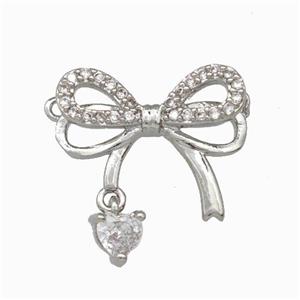 Copper Bowknot Pendant Pave Zirconia 2loops Platinum Plated, approx 4mm, 13-18mm [FD15582]