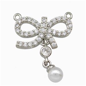 Copper Bowknot Pendant Pave Zirconia 2loops Platinum Plated, approx 5mm, 12-18mm [FD15584]