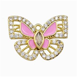 Copper Butterfly Pendant Pave Zirconia Pink Enamel Gold Plated, approx 18-25mm [FD15590]