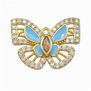 Copper Butterfly Pendant Pave Zirconia Blue Enamel Gold Plated, approx 18-25mm [FD15592]