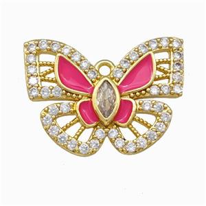 Copper Butterfly Pendant Pave Zirconia Hotpink Enamel Gold Plated, approx 18-25mm [FD15593]