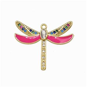 Copper Dragonfly Pendant Pave Zirconia Hotpink Enamel Gold Plated, approx 26-30mm [FD15600]