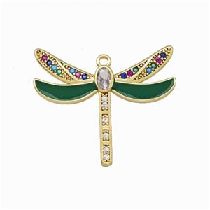 Copper Dragonfly Pendant Pave Zirconia Green Enamel Gold Plated, approx 26-30mm [FD15603]