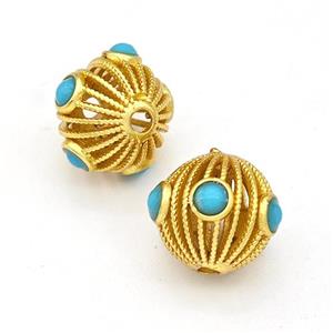 Copper Round Beads Pave Blue Jade Hollow Gold Plated, approx 10mm [FD15607]