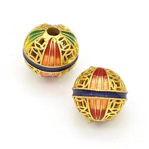 Copper Round Beads Painted Hollow Gold Plated, approx 10mm [FD15609]