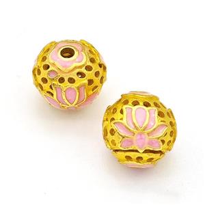 Copper Round Beads Pink Painted Flower Hollow Gold Plated, approx 10mm [FD15612]
