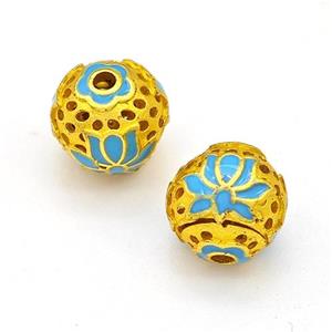 Copper Round Beads Blue Painted Flower Hollow Gold Plated, approx 10mm [FD15613]