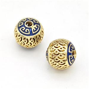 Copper Round Beads Blue Painted Hollow Gold Plated, approx 10mm [FD15614]