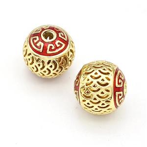 Copper Round Beads Red Painted Hollow Gold Plated, approx 10mm [FD15615]