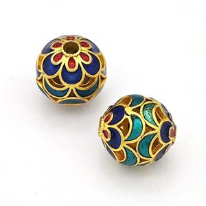 Copper Round Beads Blue Green Painted Hollow Gold Plated, approx 10mm [FD15616]