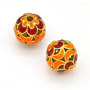 Copper Round Beads Orange Red Painted Hollow Gold Plated, approx 10mm [FD15617]