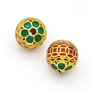 Copper Round Beads Multicolor Painted Hollow Gold Plated, approx 10mm [FD15626]