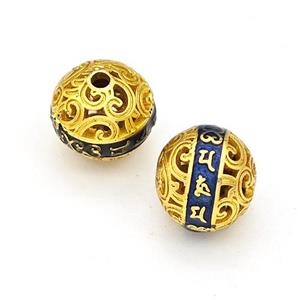 Copper Round Beads Blue Painted Buddhist Hollow Gold Plated, approx 10mm [FD15630]