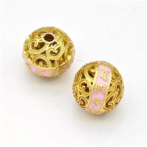 Copper Round Beads Pink Painted Buddhist Hollow Gold Plated, approx 10mm [FD15631]