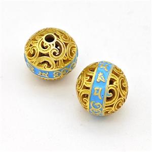 Copper Round Beads Blue Painted Buddhist Hollow Gold Plated, approx 10mm [FD15632]
