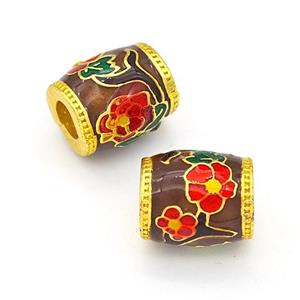 Copper Barrel Beads Multicolor Painted Flower Large Hole Gold Plated, approx 10-11mm, 4mm hole [FD15641]
