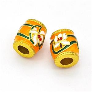 Copper Barrel Beads Multicolor Painted Flower Large Hole Gold Plated, approx 10-11mm, 4mm hole [FD15642]