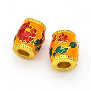Copper Barrel Beads Multicolor Painted Flower Large Hole Gold Plated, approx 10-11mm, 4mm hole [FD15643]