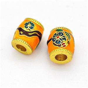 Copper Barrel Beads Multicolor Painted Flower Large Hole Gold Plated, approx 10-11mm, 4mm hole [FD15644]