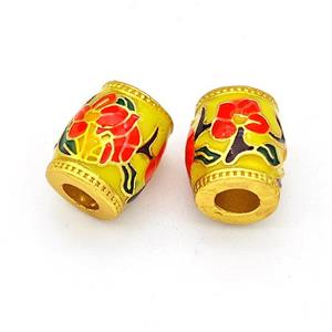 Copper Barrel Beads Multicolor Painted Flower Large Hole Gold Plated, approx 10-11mm, 4mm hole [FD15645]