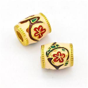 Copper Barrel Beads Multicolor Painted Flower Large Hole Gold Plated, approx 10-11mm, 4mm hole [FD15647]