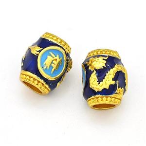 Copper Barrel Beads Blue Painted Dragon Large Hole Gold Plated, approx 10-11mm, 4mm hole [FD15648]
