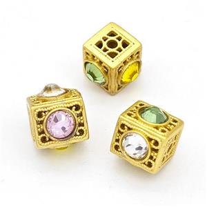 Copper Cube Beads Pave Rhinestone Hollow Gold Plated, approx 9x9x9mm [FD15654]