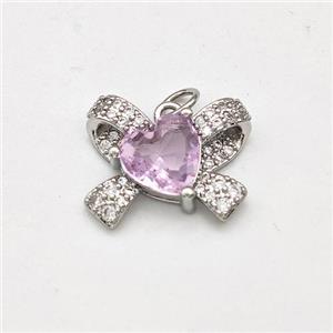 Copper Bow Pendant Pave Crystal Glass Heart Platinum Plated, approx 13-18mm [FD15769]