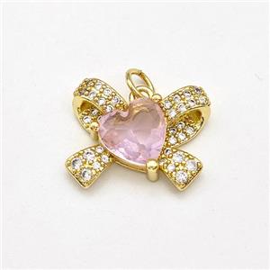 Copper Bow Pendant Pave Crystal Glass Heart Gold Plated, approx 13-18mm [FD15770]