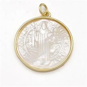 Jesus Charms Copper Circle Pendant Pave Shell Gold Plated, approx 21mm [FD15801]