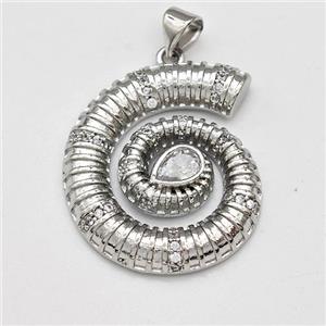 Swirl Shell Charms Copper Pendant Micro Pave Zirconia Platinum Plated, approx 24-27mm [FD15804]