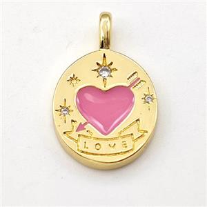Cupid Heart Copper Pendant Pink Enamel LOVE Gold Plated, approx 13-15mm [FD15867]