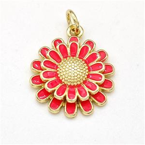Copper Sunflower Pendant Red Enamel Gold Plated, approx 16mm [FD15887]
