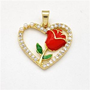 Copper Heart Pendant Pave Zirconia Red Enamel Flower Gold Plated, approx 18.5mm [FD15911]