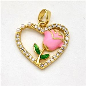 Copper Heart Pendant Pave Zirconia Pink Enamel Flower Gold Plated, approx 18.5mm [FD15912]