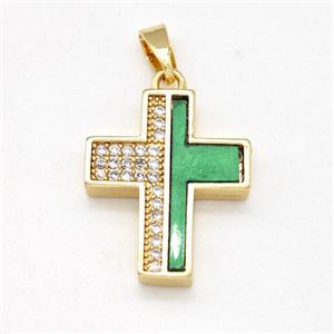 Copper Cross Pendant Pave Zirconia Green Shell Gold Plated, approx 15-18mm [FD15924]