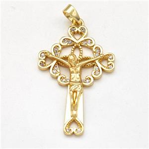 Jesus Crucifix Cross Charms Copper Pendant Pave Zirconia Gold Plated, approx 20-30mm [FD15925]