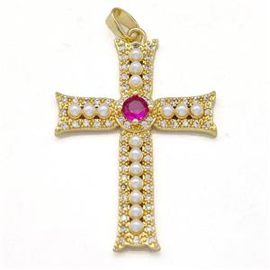 Copper Cross Pendant Pave Pearlized Resin Zirconia Gold Plated, approx 25-35mm [FD15928]